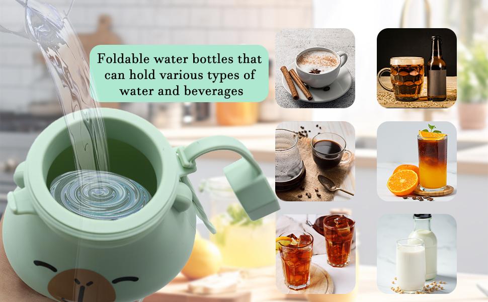 Cute Cartoon Shaped Foldable Water Bottle 500ml, Leakproof Soft Silicone Travel Flask with Handle, Portable Space-Saving Drinking Bottle for Hiking Camping Gym Daily Use