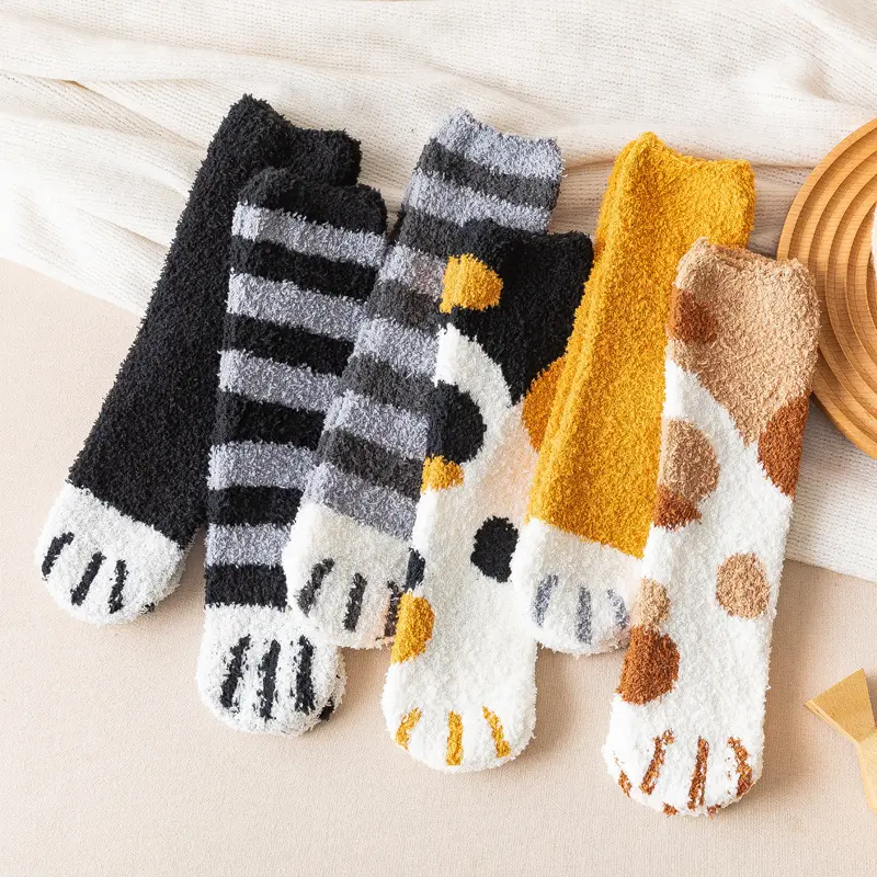 6 PCS Soft Coral Fleece Cat Paw Socks – Warm Winter Mid-Calf Home & Sleep Socks