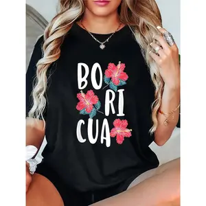 Poriku Women's Puerto Rican Floral Print Crew Neck T-Shirt - Black with Red Hibiscus Flowers & Green Leaves, Medium Stretch Casual Short Sleeve Top for Spring Summer Fall, Casual Attire, Comfortable Fit