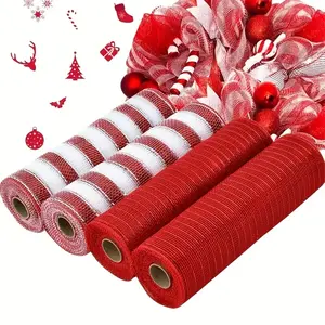 1 Roll 10 Inch Decorative Mesh Ribbon, Vibrant & Striped Plastics Polypropylene, Ideal for Wreath Crafting, Holiday Décor, Ribbon Decoration