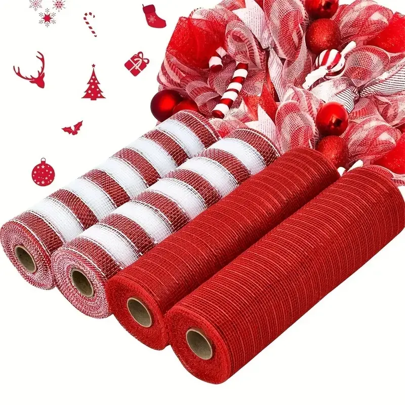 1 Roll 10 Inch Decorative Mesh Ribbon, Vibrant & Striped Plastics Polypropylene, Ideal for Wreath Crafting, Holiday Décor