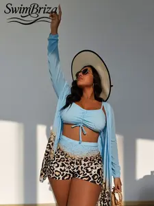Briza｜Ruched Tankini Swimsuits Set And Tankini With Shorts In Sky Blue Leopard Ombre As Plus Size Swimsuits For Plus Size Swimwear Lovers Featuring High Waisted Bikini Sets With Swimsuit Cover Up For Women As Vacation Swimwear For Women