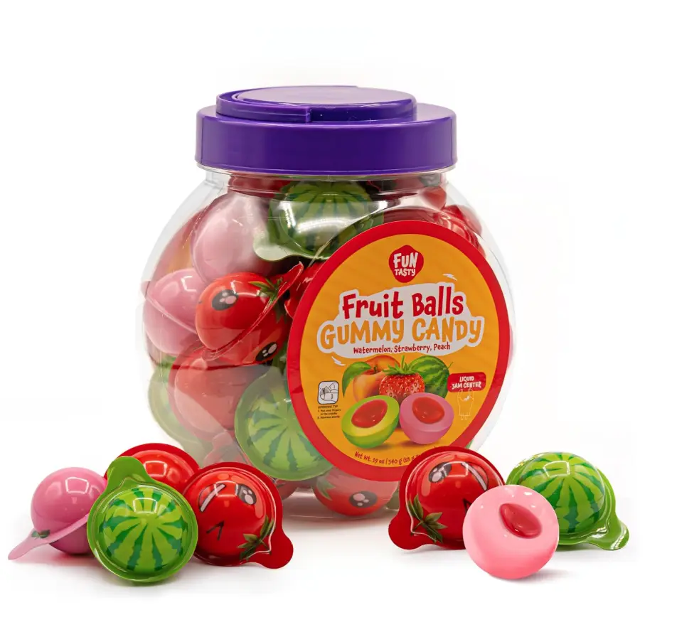 Jelly-Filled Gelatine Fruit Gummy Ball Candies - 19oz Jar (30 Count), Individually Wrapped, Watermelon, Peach & Strawberry Flavors, All-Ages Birthday Novelty Snack