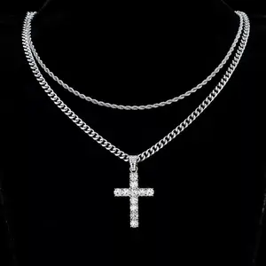 2026 New Year Gift |  Hip Hop Twist Chain Necklace & Rhinestone Cross Pendant Necklace, Amulet necklace,Birthday Gift for Bestie,Back To School Accessories, Couples Gifts, Cuban Link Chain, Rhinestone Decorated Jewelry, Modern Fashion Accessories