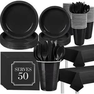 352 count Black Plastic Plates Party Set, 50 Guests Disposable Dinnerware Set with Black Tablecloths, Elegant Black Plastic Plates Party Set for Wedding/Corporate Event/Formal Dinner/Gala