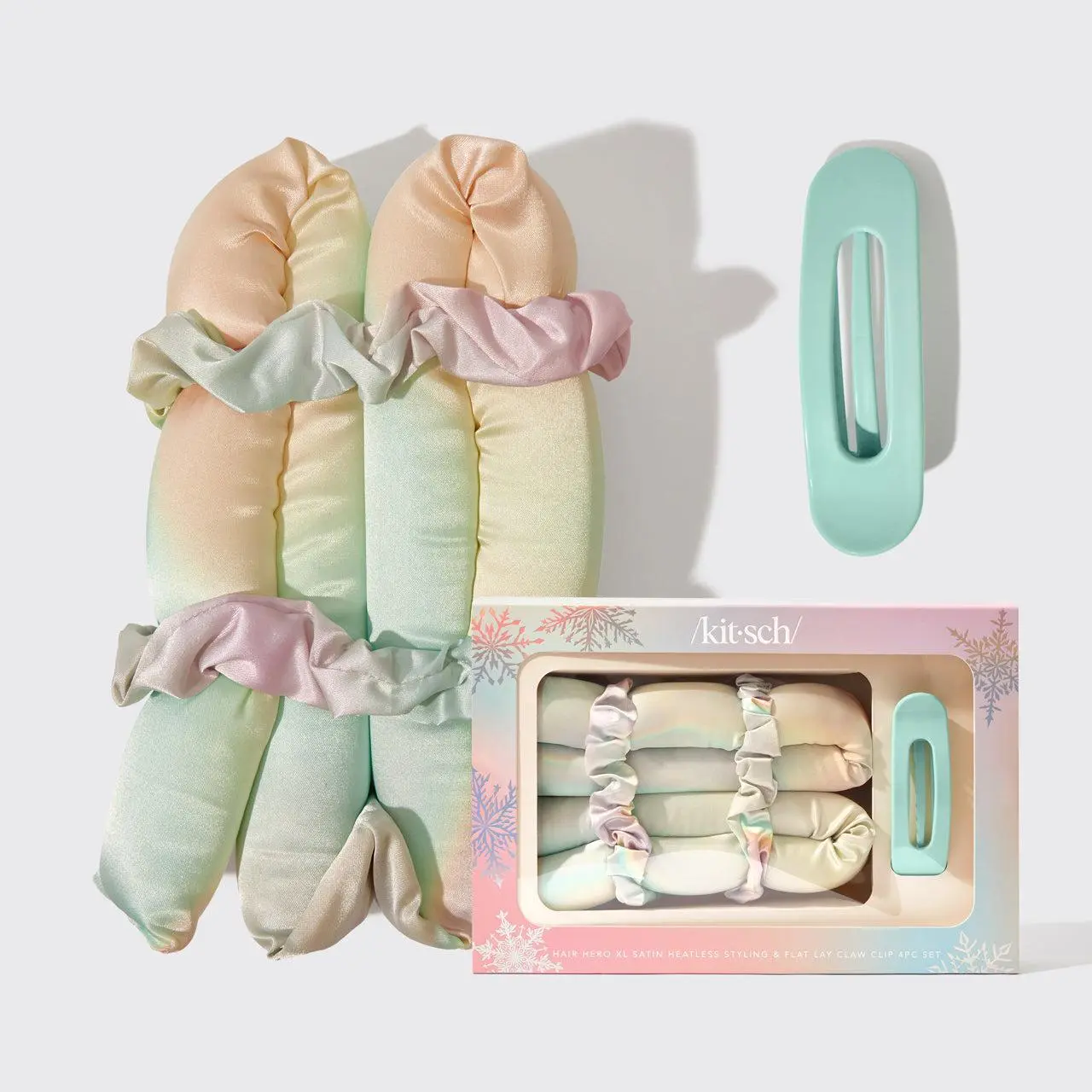 Kitsch Hair Hero XL Satin Heatless Styling & Flat Lay Claw 4pc Set Aura Haircare Curler for Healthy Hair Routines OEKO-TEX Certified Satin for Silky Soft Curls