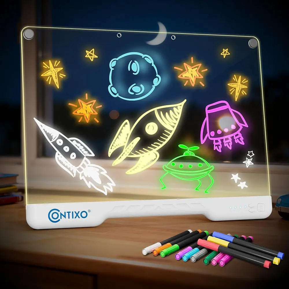 Contixo 16" Kids LED Drawing Board with 10 Light Modes, Built-In Stand, Tracing Book, Neon Glow Dry Erase Sketching Pad