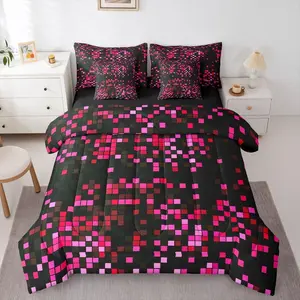 Pixel Art Comforter Set 7 PCS Pink Black Pixel Bedding Set for Kids Boys Girls Gamer Room Decor Bed in a Bag with Comforter,Sheets,Pillowcases,Cushion Covers Gaming Bedroom Decor