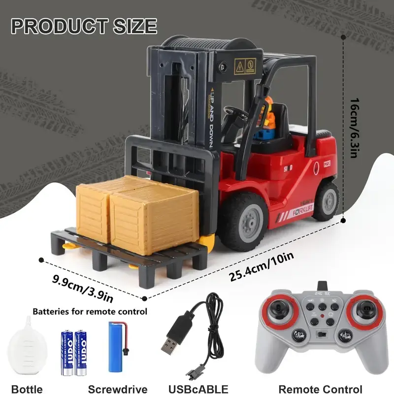 Electric RC Construction Truck - Remote Control Crane with Rechargeable USB Battery, Detachable Design, Water Spray, Light & Sound Effects, Forklift Function, Lift & Lower, Turn Left/Right