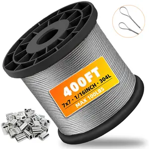 304 Stainless Steel Wire Rope Kit - 400FT/200FT/100FT 1/16" Aircraft Cable 7x7 Vinyl Coated with Crimping Sleeves, 300lbs Breaking Strength | Perfect for String Lights, Garden, Clothesline DIY