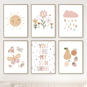 6pcs/Set Girls Room Wall Art Butterfly Canvas Painting Sun Print Nordic Rainbow Poster Printing Cartoon Picture Baby Room Decorative Painting-Frameless, Artistic, Art Wall Decoration, Artwork