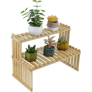 MyGift Natural Bamboo Indoor Plant Stand for Desk, 2 Tier Desktop Shelf Organizer Rack with 2 Slatted Shelves