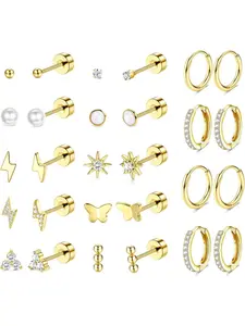 14Pairs Flat Back Silver Gold Earrings for Women Set Hypoallergenic Surgical Steel Stud Hoop Cartilage Earring Stack Ear Conch Daith Tragus Helix Piercing Jewellery Ear Studs
