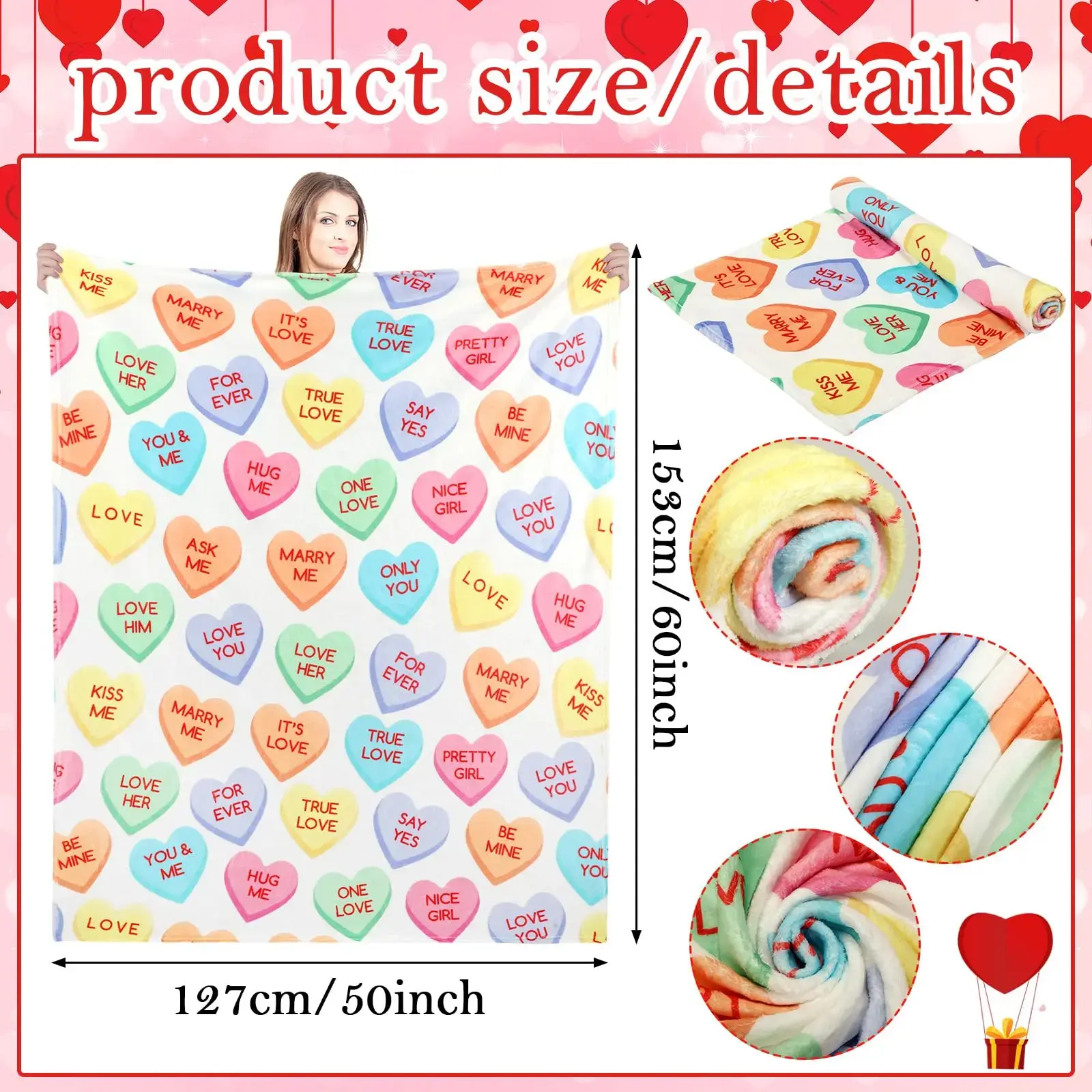 Candy Hearts Throw Blanket, Valentine's Day Gift, Colorful Heart Design, Soft Warm Textile