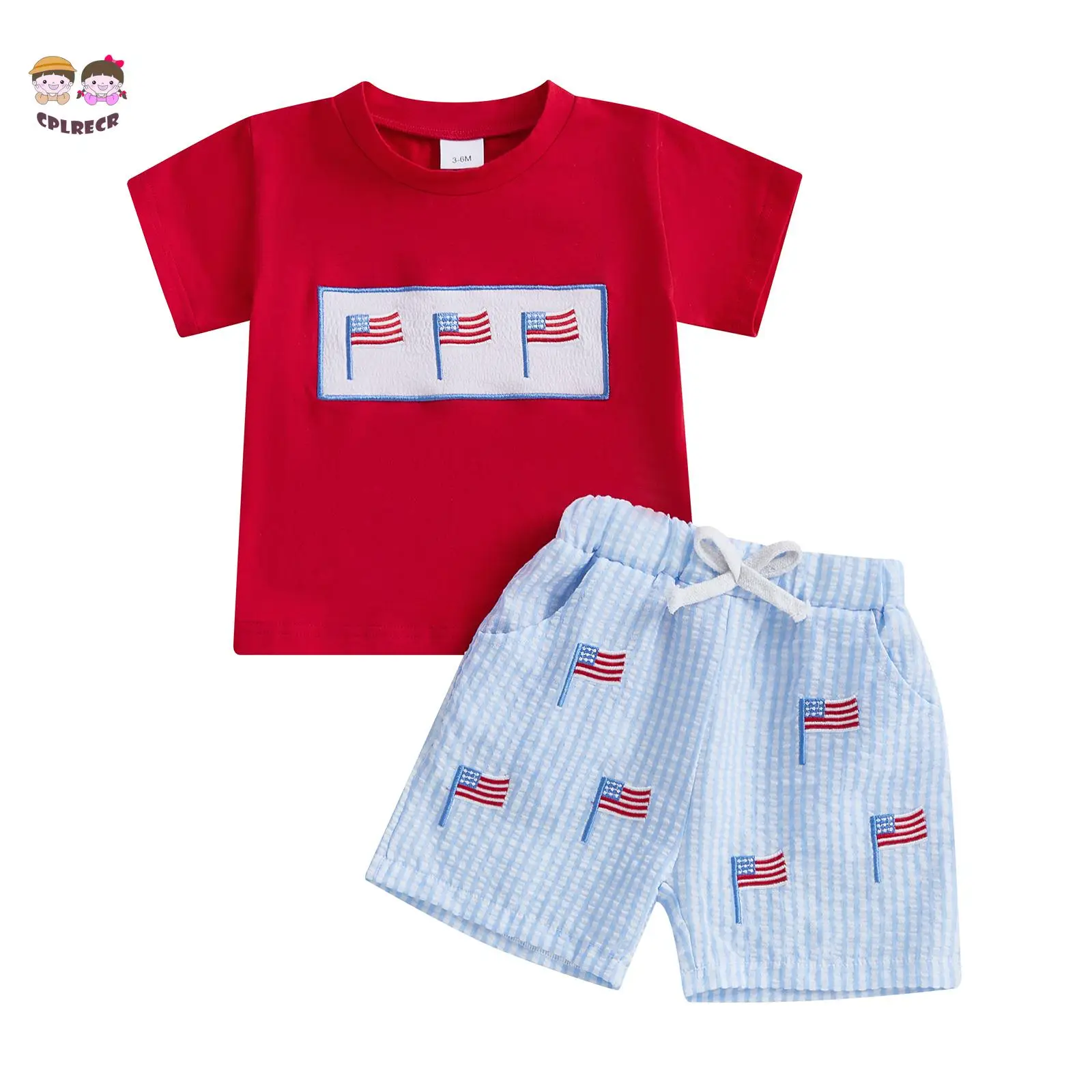 Toddler Baby 4th of July Outfit American Flag Embroidered Short Sleeve T-shirts Plaid Elastic Waist Shorts 2Pcs Set