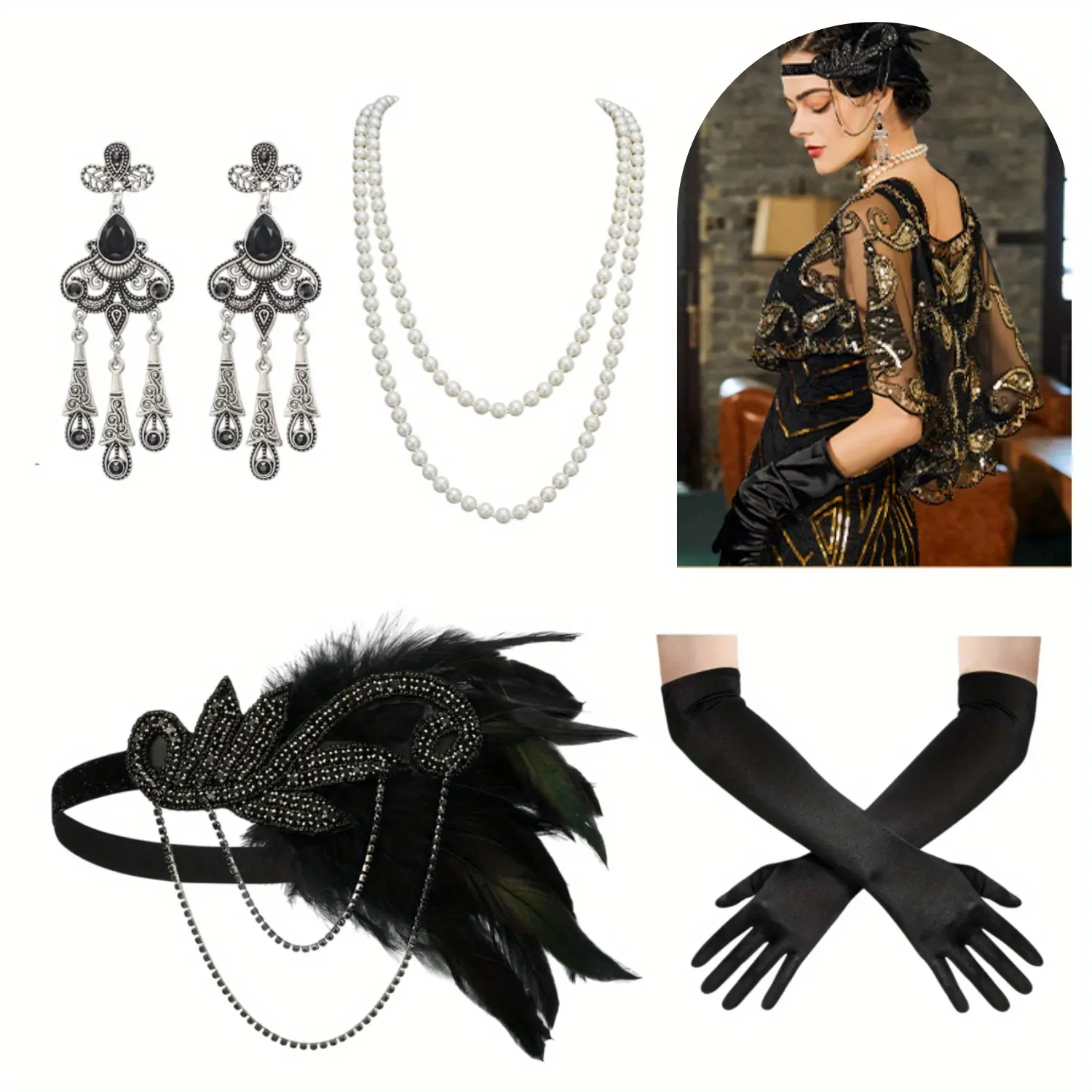 Women's 1920s Flapper Accessories Set, Vintage Great Gatsby Costume with Feather Headpiece Stretch Band, Highly Stretchy Satin Gloves, Holder & Wrap Neck Faux Pearl Necklace, Long Gloves, 4Pcs/Set, Free Size, Party