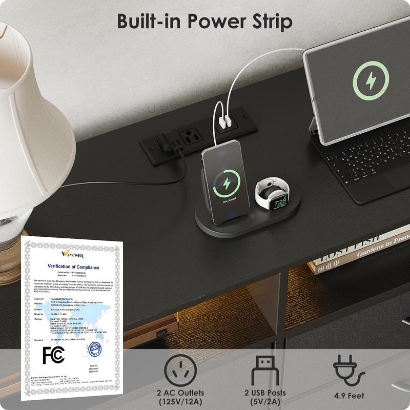 6 Drawer Dresser for Bedroom with LED Lights and Charging Station, Modern Wood Dressers with Extra Side Bag, Double Wide Drawer Cabinet TV Stand for up to 60" TV for Living Room (Black)