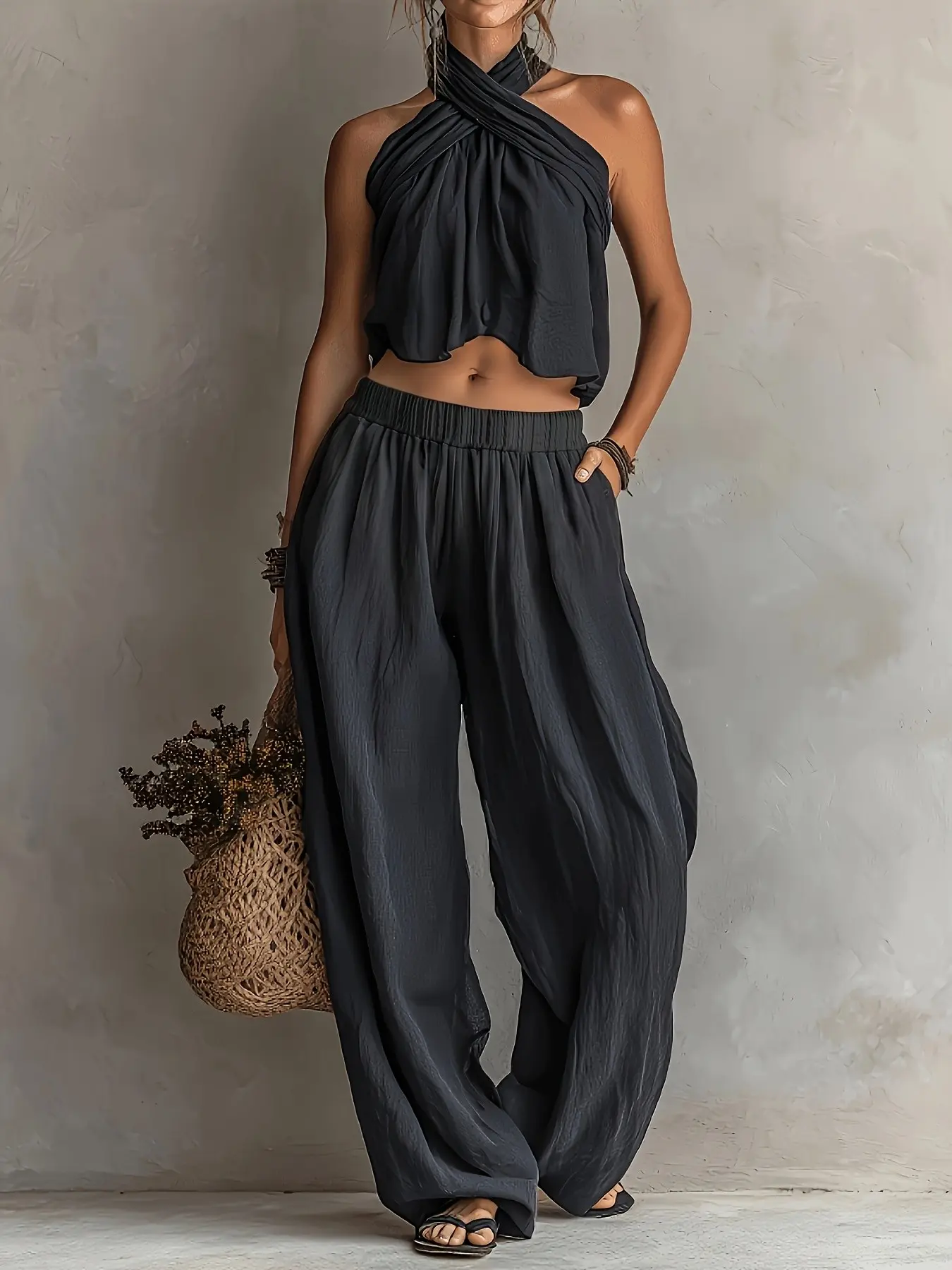 New Spring Summer Halter Neck Crop Top and Flowy Casual Chic Wide Leg Pants Set for Women Clothes