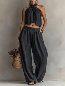 New Summer Spring Halter Neck Top with Midriff Exposure + Flowy Casual Chic Straight Leg Wide Leg Pants, Trendy for Women
