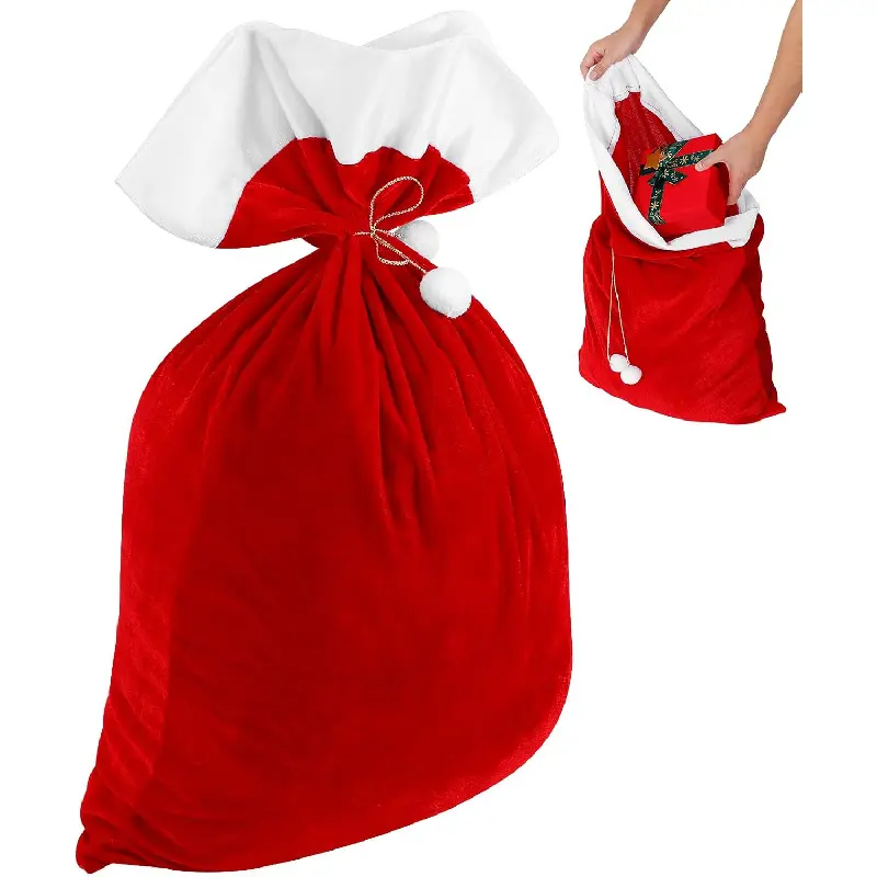 Velvet Large Classic Unisex Christmas Santa Sack - 27.55 x 19.68 x 0.19 inches Durable Lightweight Jumbo Cloth Drawstring Gift Bag, Festive Home Decor, Gift Wrap for Family Presents, Anniversary Party Supplies
