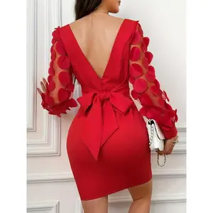 Applique Tie Back Slim Dress, Elegant Square Neck Lantern Sleeve Bodycon Dress For Club & Party, Women's Clothing