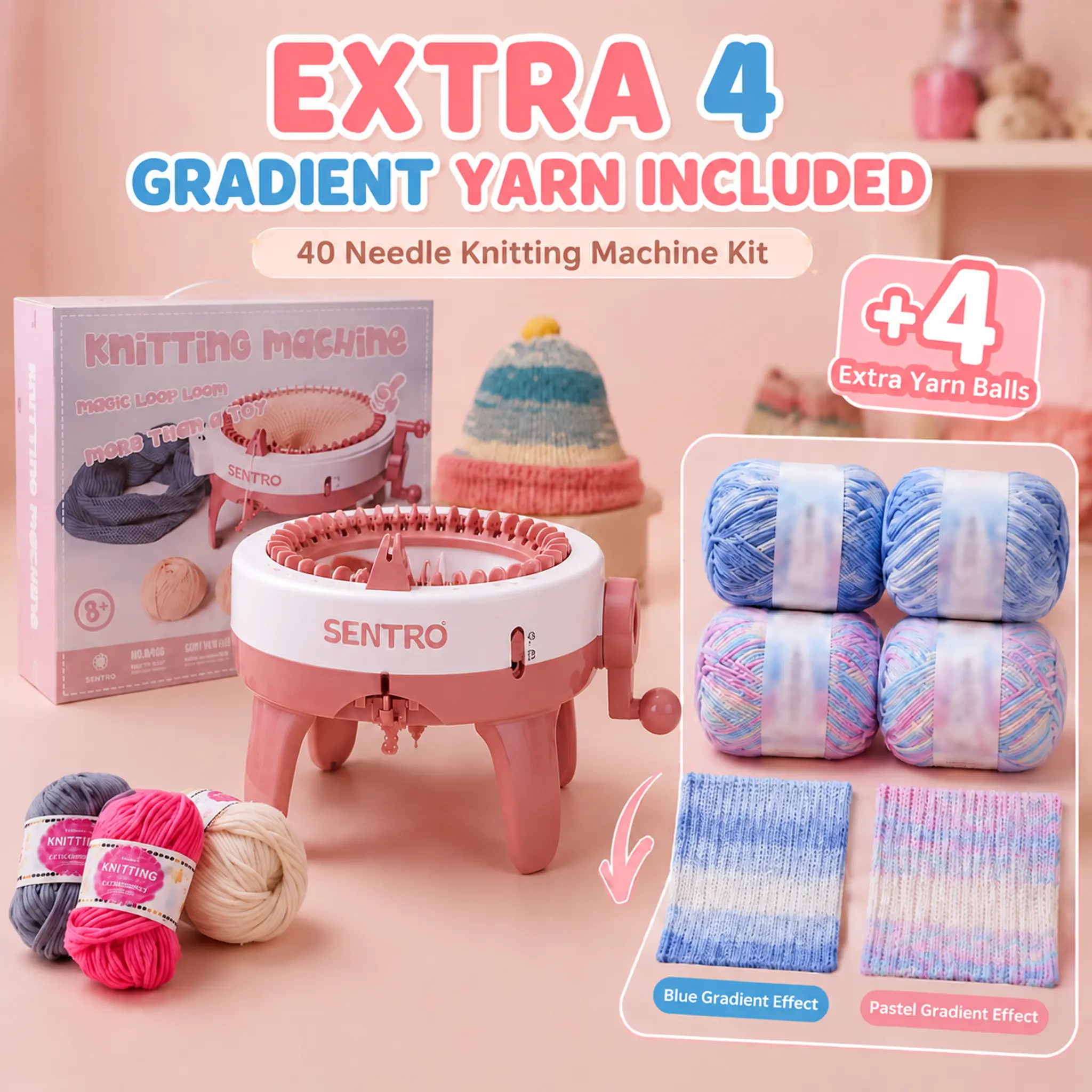 40 Needles Knitting Machine with 4 Spools of Combed Yarn for Colorful Rainbow Dyed Yarn. Suitable for Children And Adults, Rotary Knitting Machine Perfect for Socks, Hats, Scarves, And Fun Gift