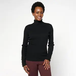 TWRHLL by Christie Brinkley Knot Button Rib Knit Turtleneck Sweater