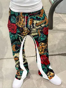 Men's Loose Fit 3D Gothic Skull Snake Print Bell Bottoms, Casual Sporty Streetwear Pants, Casual Sport Trousers, Vintage Style All Seasons Fashion