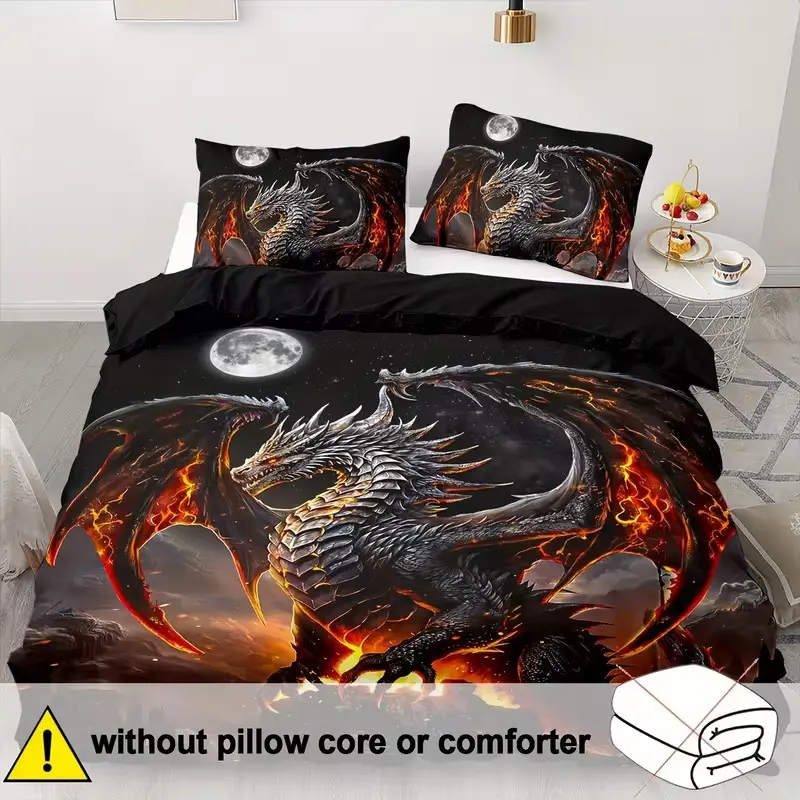 Soft Comfortable Dragon Print Bedding Set, Digital Print Sheet Set, Zipper Design, Ideal for Bedroom, Hotel, Valentine's Gift