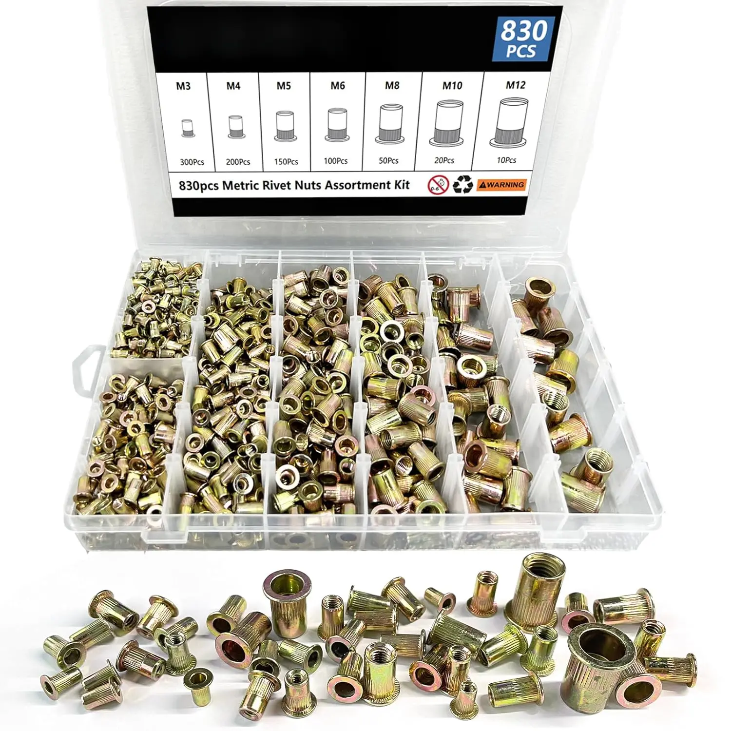 Rivet Nut Tool Kit, 830 count SAE/Metric Rivet Nut Assortment Kit M3, M4, M5, M6, M8, M10, M12, w Galvanized Carbon Steel Flat  Threaded Insert Nuts (Metric - 830 count)