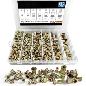 Rivet Nut Tool Kit, 830 count SAE/Metric Rivet Nut Assortment Kit M3, M4, M5, M6, M8, M10, M12, w Galvanized Carbon Steel Flat  Threaded Insert Nuts (Metric - 830 count)