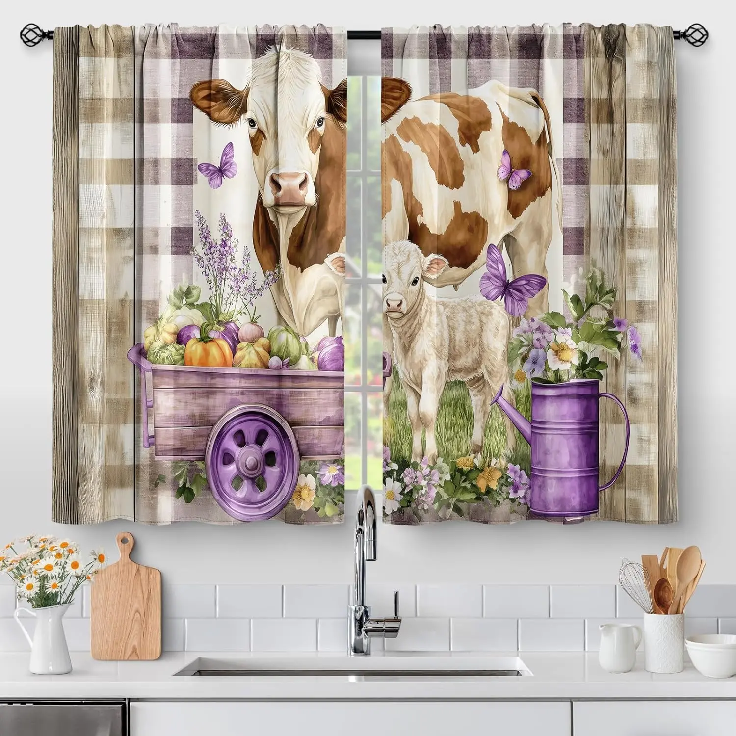 Dairy Cow Farm Harvest Kitchen Curtains - Country Rustic Farmhouse Short Cafe Curtains Decor for Dining Room Tier Curtains Over Sink Rod Pocket Window Drapes 2 Panels Set,27.5"x39"