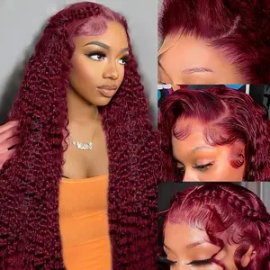 Oveflect 30 Inch 99j Burgundy Deep Wave Lace Front Wigs Human Hair 99j 13x6 HD Lace Front Wigs Human Hair 200 Density Deep Wave Wig Pre Plucked Red Colored Curly Wig for Women