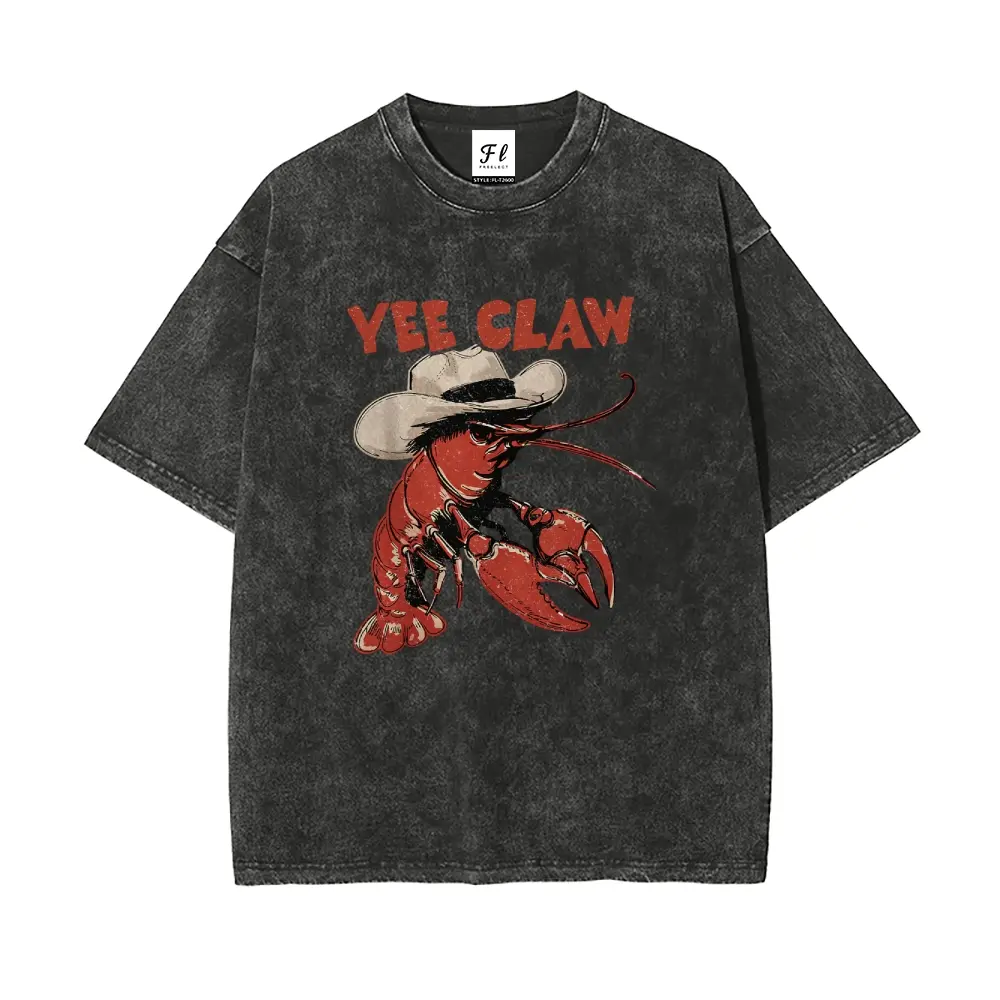 Yee Claw Funny Crawfish T-Shirt - Unisex Vintage Acid Wash Cotton Tee - Light Western Streetwear Top for Summer, Silky, Joggers, Tshirt, Shortsleeve, Garment