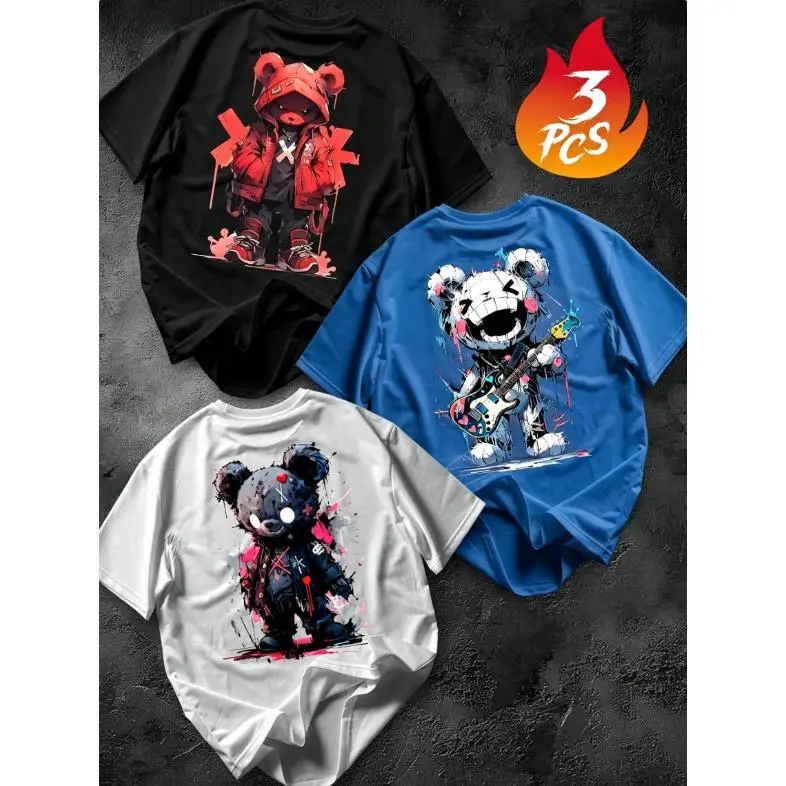 3pcs Men'S T-Shirt Set, Colorful Graffiti Bear Print Design, Polyester Material, Casual Street Style, Loose Fit, Round Neck, Short Sleeves, Unisex Spring/Summer Style, Perfect As a Gift for Friends