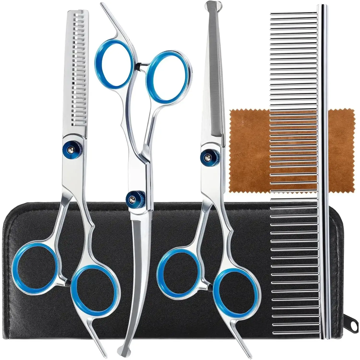 5 Piece Universal Pet Grooming Kit Titanium Coated Stainless Steel Scissors Round Tip Safety Shears Thinning Curved Tools Quiet Rubber Grip Pinch Safe Bumper Comb Cloth For Dog Cat Hair Trimming