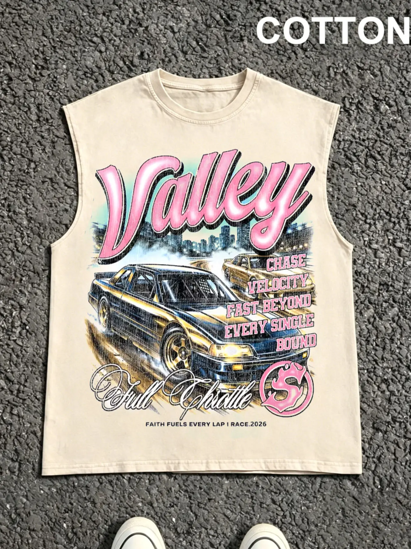 1 PCS Valley Full Throttle Vintage Race Car Distressed Airbrush Graphic Print, Chase Velocity Retro Motorsport Streetwear Vest, Soft Breathable Unisex Tank For Racing Fans Summer Daily Casual Outfit