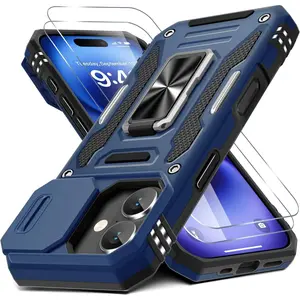 Case for iPhone 17 6.3-Inch with Slide Camera Cover + Screen Protector (2 Packs), Rotated Ring Kickstand Military Grade Shockproof Protective Cover-Navy Blue