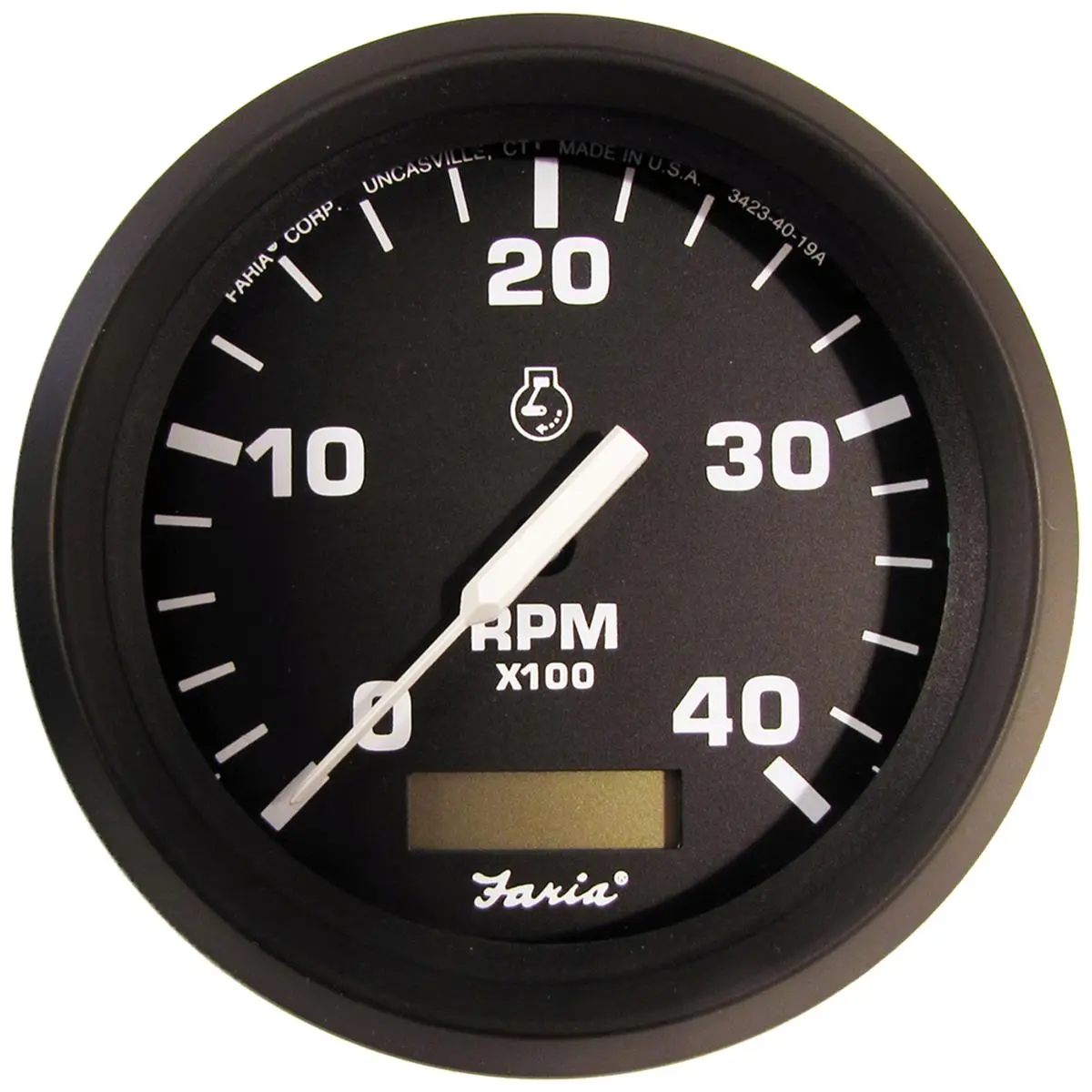 Faria Beede Instruments Electronic Euro 4-in. Tachometer with Hourmeter, +12VDC, 4000 RPM, Aluminum Bezel, Black Dial, Flat Glass Lens, Perimeter-Lighted, Rugged Reliable Construction for Water Sports Kayaking