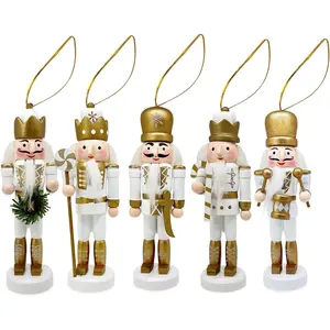 Mini Nutcrackers Figures Wooden Christmas Decor, Hanging Nutcracker Ornaments for Xmas Tree, Wood Nut-Crackers Christmas Decorations for Festival Party (Gold, 5PCS)