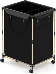 150L Laundry Hamper with Wheels, 2-Section Rolling Laundry Basket, Bamboo Supports, Removable Bag, Large Waterproof Oxford Fabric Clothes Hamper for Laundry Room, Bedroom, Bathroom Black (Black, 150L)