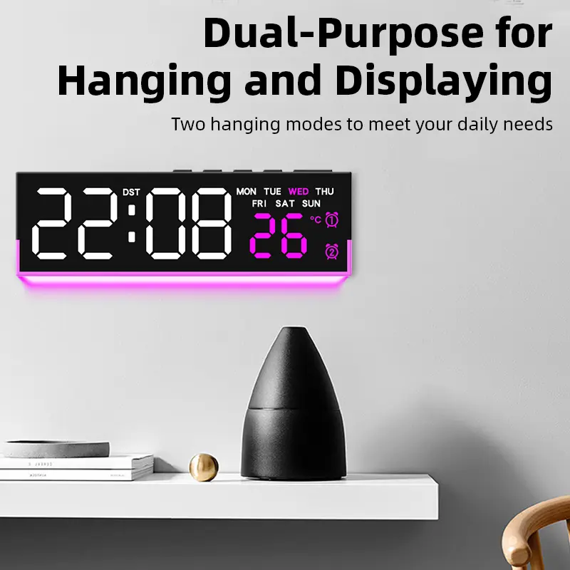 Retro 8-in Digital Desk Clock for Teens - Auto-Dimming, U-Shape RGB Ambient Light, Dual Wake-Up Alarms, Timer Countdown, Temperature/Humidity Sensor, Date Display, Home/Office Decor, Gift