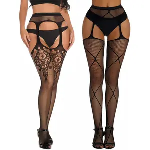 2-Pack Fishnet Hosiery Set: High Waist Pantyhose & Suspender Thigh High Stockings for Women, Black, One Size
