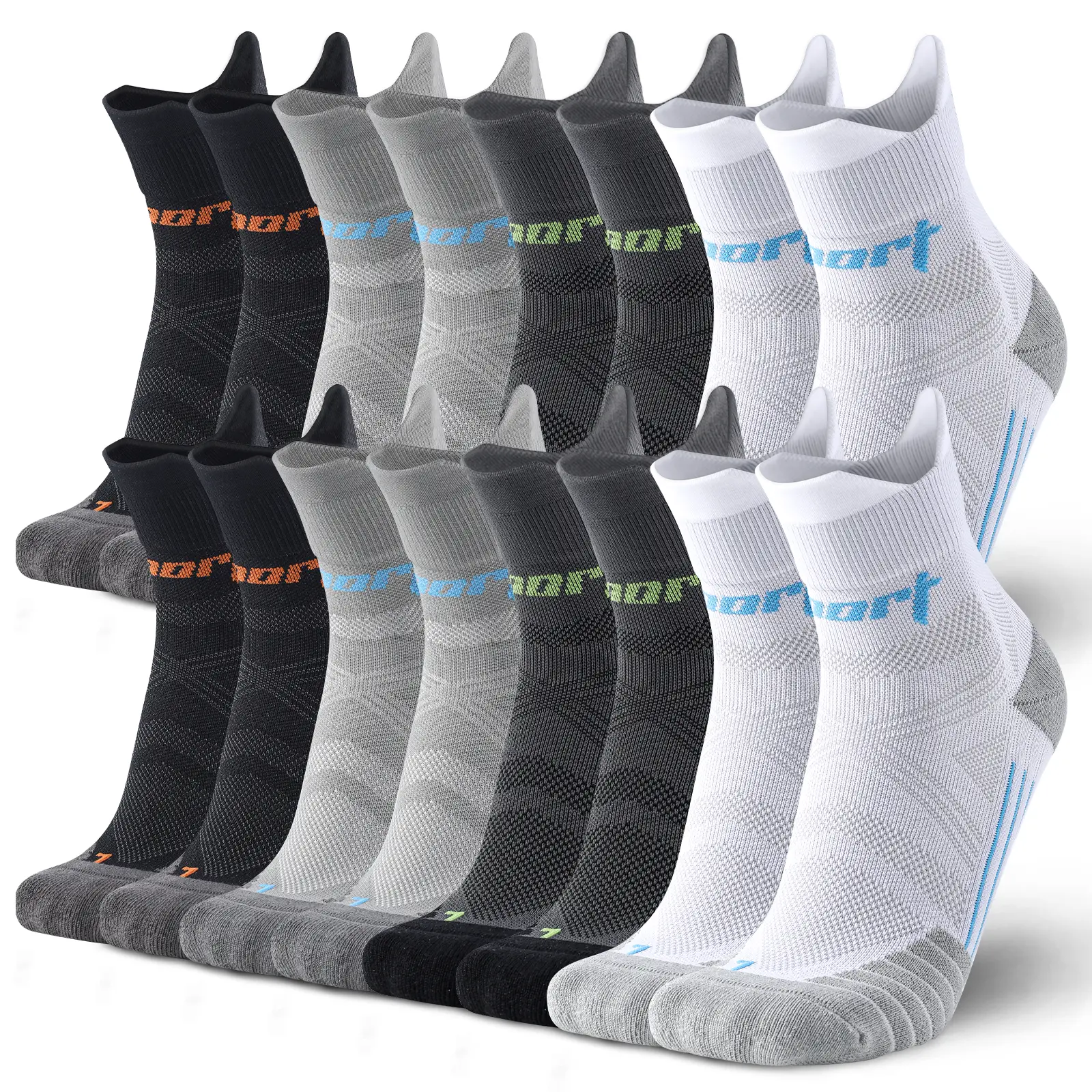 Mqamex Unisex Durable Sports Socks (8-Pair Geometric Print Quarter Stockings), Mid-Calf, Cushioned Arch Support, Shock-Absorbing, Moisture-Wicking for Youth Running-Hiking