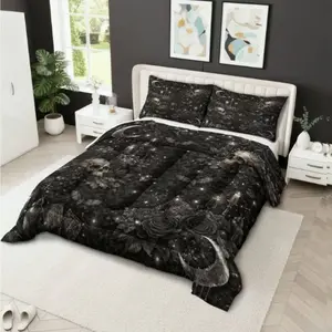 Gothic Skull Floral Moon Quilt Set, 3 Piece (1 Quilt + 2 Pillowcases), Soft Breathable, Digital Print, Suitable for Bedroom Dorm Home Use