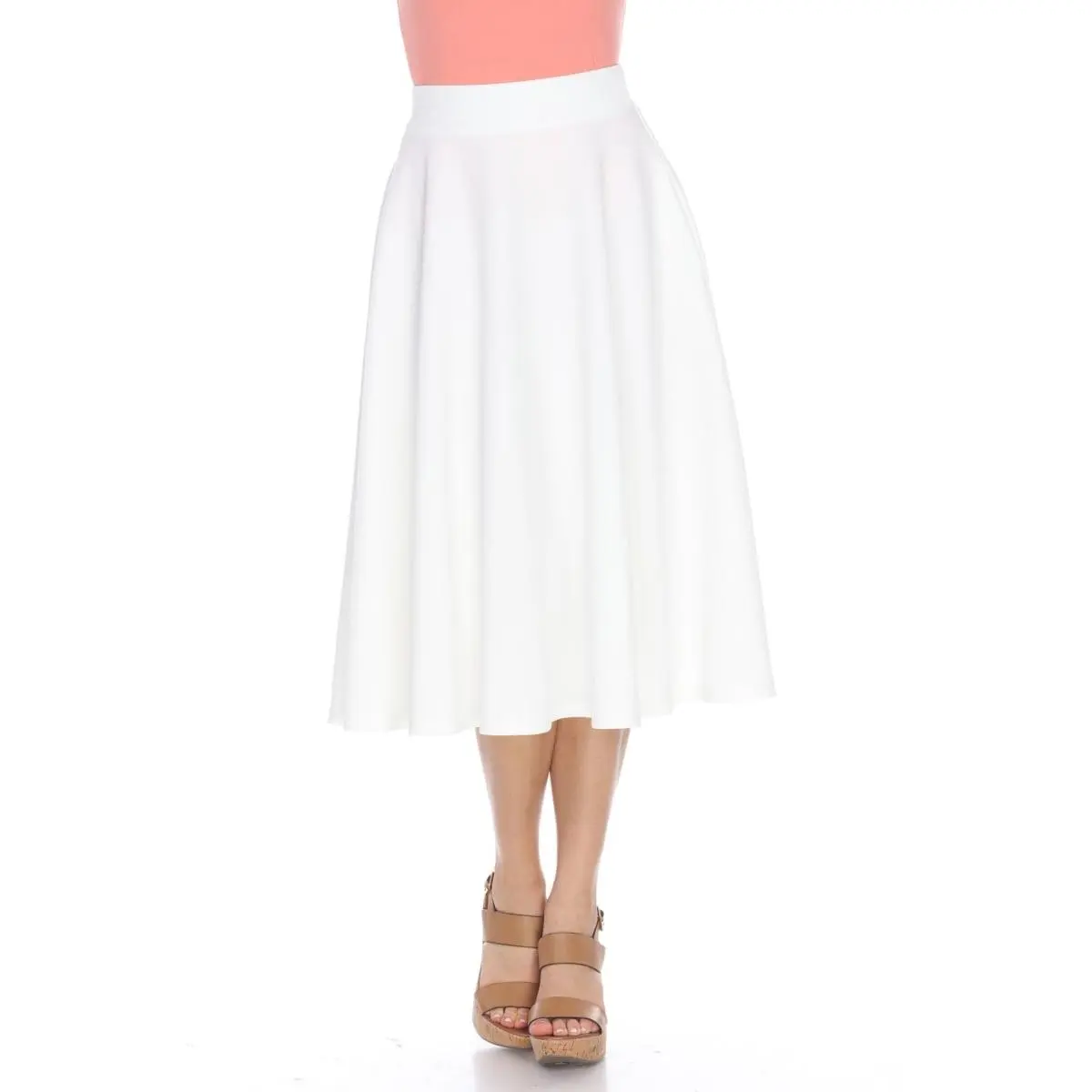 212 MAIN Women's Light Spandex-Polyester Midi Flared Skirt with Pockets - Flowy, Elasticized Fabric, Neutral-Tone, Single Layer, Stretchy Waistline Day Bottoms, White, Medium, Flowy Skirts, Elasticized Fabric Skirts
