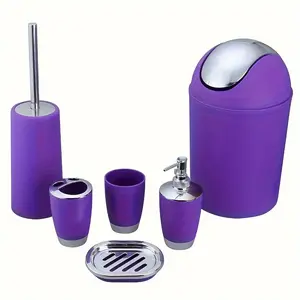 4/6pcs Luxury Bathroom Accessory Set - Premium Quality, Modern Style - Complete with Trash Can, Toilet Brush, Lotion Dispenser, Soap Dish, Mouthwash Cup & Toothbrush Holder - Space-Saving, Easy to Clean Plastic Purple