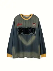 Spring Autumn New Tie-Dye Gradient Patchwork Embroidery Denim Sweatshirt, Men's Trendy Fashion Casual Long Sleeve Top, Versatile Streetwear