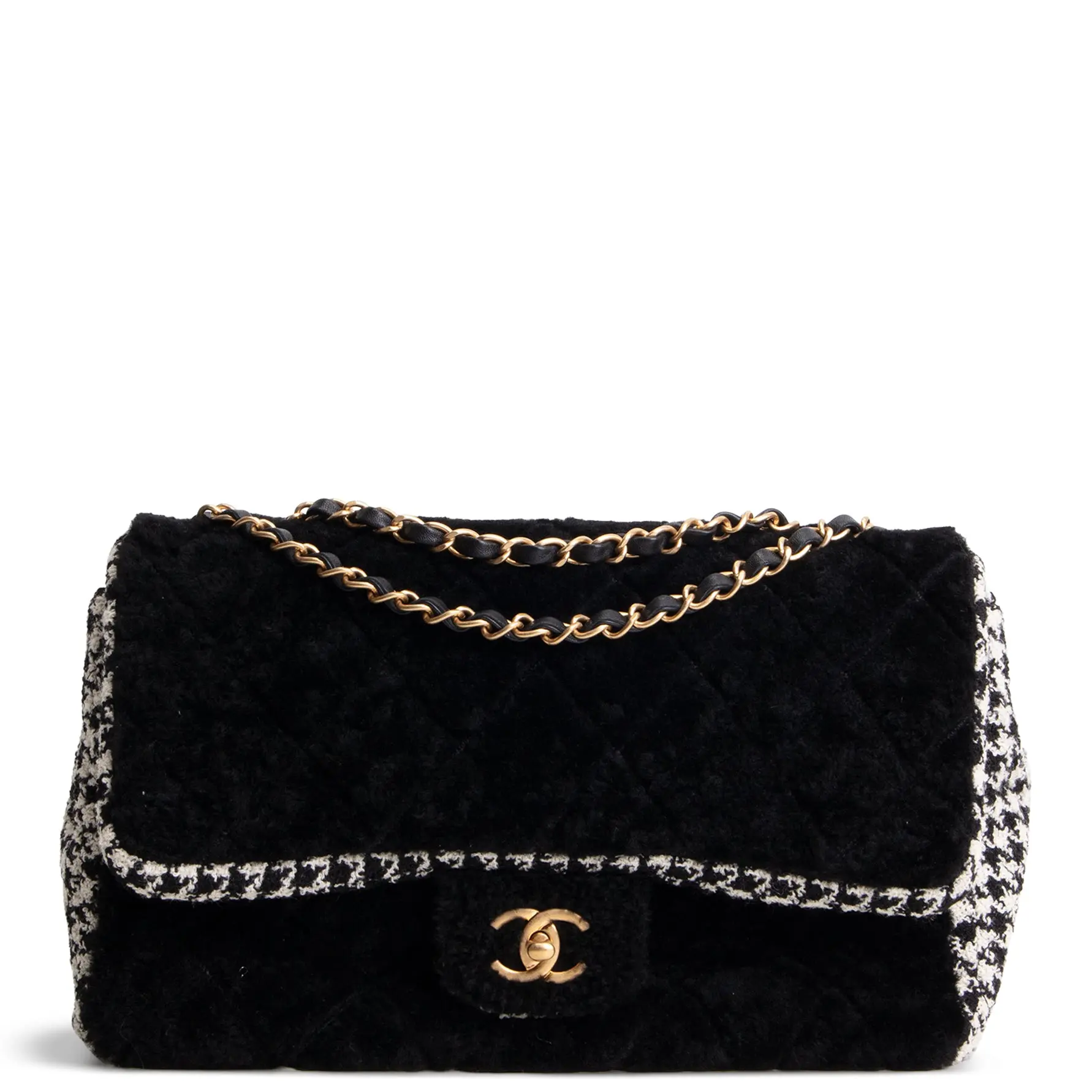 Pre-owned CHANEL Shearling w/ Houndstooth Tweed Crossbody Bags Jumbo CC Flap Quilted Shearling & Houndstooth Tweed