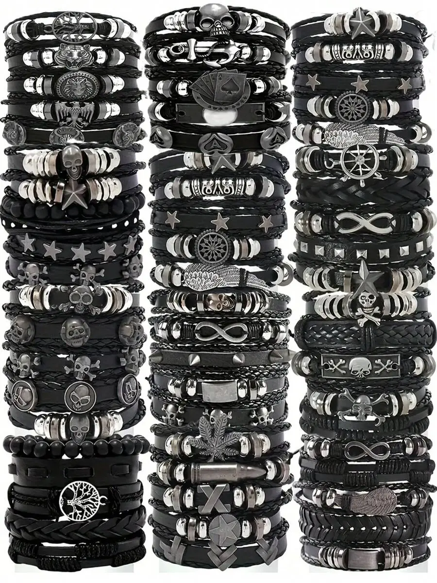 VELORA x 10Pcs Men's Cool Punk Style Hip Hop Faux Leather Bracelet Skull Cross Star Design Vintage Hand Jewelry For Men Thanksgiving Father's Day Gifts